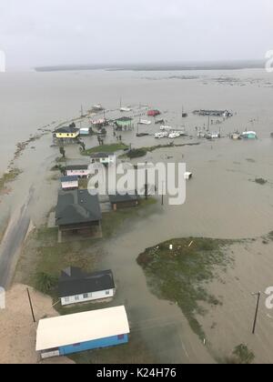 Damaged and flooded homes destroyed by Hurricane Harvey along the Gulf Coast August 28, 2016 near Corpus Christi, Texas. Stock Photo