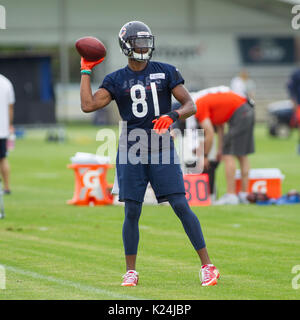 Chicago Bears running back Jordan Howard, right, works with running back  Benny Cunningham during an NFL football training camp in Bourbonnais, Ill.,  Saturday, July 29, 2017. (AP Photo/Nam Y. Huh Stock Photo 