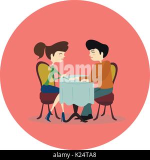 Illustration of a Man and Woman Asking Each Other Questions at a Speed Dating Event sitting by the table in a cafem sign, banner, emblem Stock Vector