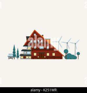 Wooden house and wind generators  . Vector Stock Vector