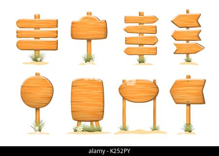 Wooden sign in grass . Isolated set on white background . Vector Stock Vector