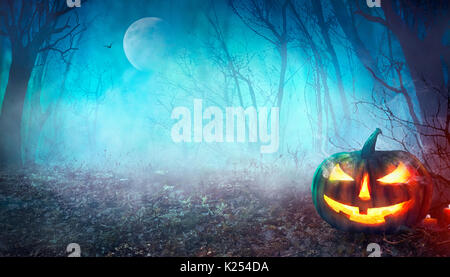 Halloween scary background. Spooky forest with full moon and flying ...