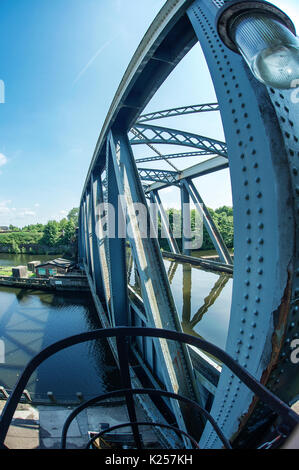 Barton Aqueduct bridge taking the Bridgewater Canal over the Manchester Ship Canal Stock Photo