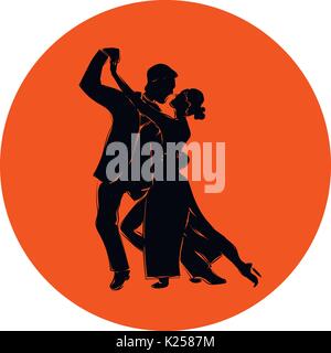 Salsa or argentine tango dancing couple man and woman in vector. International tango day. Vector illustration in circle, banner, icon, sign Stock Vector