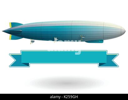 Legendary huge zeppelin airship filled with hydrogen. Blue stylized flying balloon. Big dirigible, propellers and rudder. Long vector zeppelin. Stock Vector