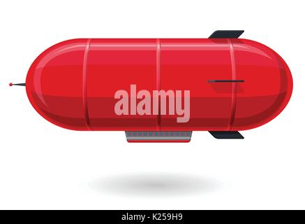 Red humorous airship. Stylized flying balloon as toy. Small dirigible with antenna and rudder. Funny zeppelin on white background. Cute rigid airship. Stock Vector