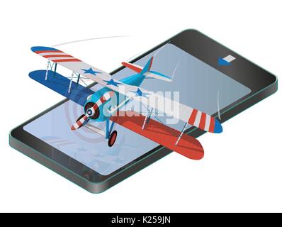 Vector biplane from World War on mobile phone with colors of flag of United States. Aircraft propeller with two wings. Old retrodesigned aircraft. Stock Vector