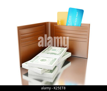 3d illustration. Close up view of credit cards in leather wallet with stack of bills. Concept of payment. Isolated white background Stock Photo