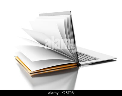 3d illustration. Open book turns into an open laptop. E-learning, digital library and online education concept. Isolated white background
