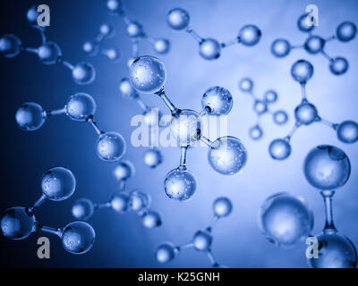 Glass molecules model science concept. Reflective and refractive abstract molecular shape bluish background. 3d rendering illustration Stock Photo