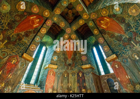 Arts & Crafts Movement style paintings in the Interior of Watts Cemetery Chapel, Compton, a village near Guildford, Surrey, south-east England, UK Stock Photo