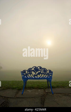 ornate wrought iron bench at sunrise Stock Photo