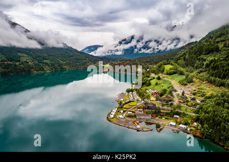 Beautiful Nature Norway natural landscape. Aerial view of the campsite to relax. Family vacation travel, holiday trip in motorhome. Stock Photo