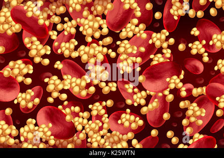 Cholesterol in blood with fatty cells flowing in an artery as a cardiology health disease in the human body as a symbol for hardening arteries. Stock Photo