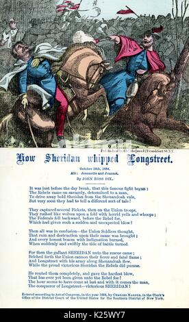Broadside from the American Civil War entitled 'How Sheridan Whipped Longstreet', glorifying General Philip Sheridan of the Union Army and his efforts against Confederate States Army Lieutenant General James Longstreet, New York, New York, 1863. Stock Photo