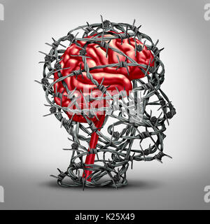 Brain protection concept and protecting the mind icon as a mental health medicine idea with a human thinking organ protected by barbed metal.