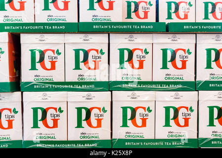 Boxes of PG Tips tea bags for sale on a British supermarket shelf Stock Photo