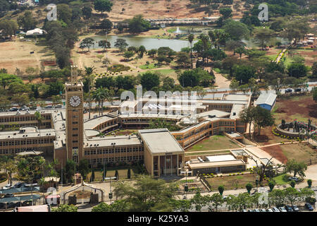 Aerial view of Senate building with clock tower and Uhuru park in background, Nairobi, Kenya Stock Photo