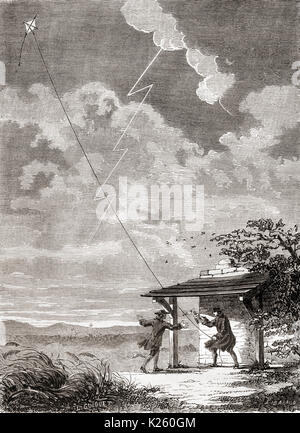 Benjamin Franklin (1706-1790) and his son William, performing their famous experiment on 15 June 1752, flying a kite in a thunderstorm. A metal wire on the kite attracted a lightning strike and electricity flowed down the string to a key, charging a Leyden jar (capacitor) seen near Franklin's hand. This experiment proved that lightning was an electrical phenomenon, and supported Franklin's invention of lightning rods.  From Les Merveilles de la Science, published 1870. Stock Photo