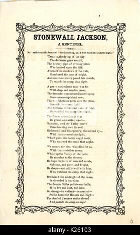 Broadside from the American Civil War, entitled 'Stonewall Jackson, a Sentinel, ' lamenting the death of Confederate General Stonewall Jackson as he kept watch during a battle in Virginia, 1863. Stock Photo