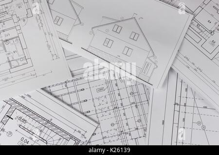 Plans of building. Architectural project. Floor plan designed building on the drawing. Engineering and technical drawing, part of architectural projec Stock Photo