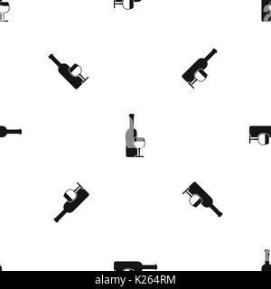 Wine bottle and glass pattern seamless black Stock Vector