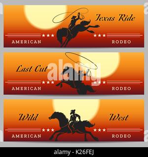 Cowboy Rodeo horizontal banners set with desert rodeo and rider silhouettes. Vector illustration Stock Vector