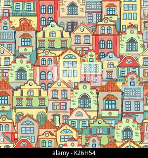 Seamless pattern with doodles colored scandinavian houses . Vector background . Stock Vector