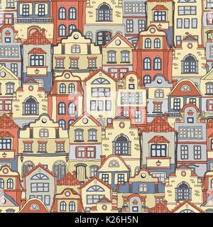 Seamless pattern with doodles colored scandinavian houses . Vector background .Brown shades . Stock Vector
