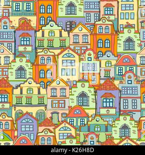 Seamless pattern with doodles colored scandinavian houses . Vector colored background . Stock Vector