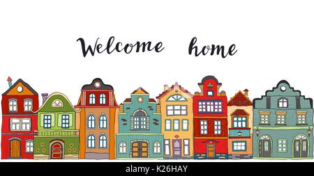 Row of multicolored doodle small town houses with  inscription welcome home . Vector Stock Vector