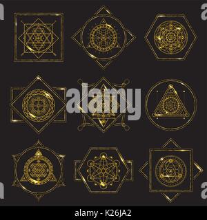 Sacred Geometry Forms golden frame on black background with metal highlights Stock Vector