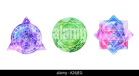 Set of bright colored sacred shapes . Watercolor background is cut in shape.Vector Stock Vector