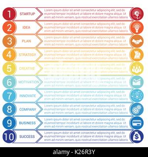 Startup bussines minimal infographic templates from circles and horizontal colorful arrows 10 positions Stock Vector