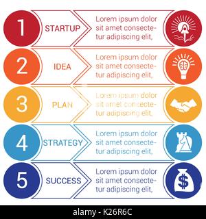 Startup bussines minimal infographic templates from circles and horizontal colorful arrows 5 positions Stock Vector