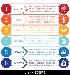 Startup bussines minimal infographic templates from circles and horizontal colorful arrows 6 positions Stock Vector