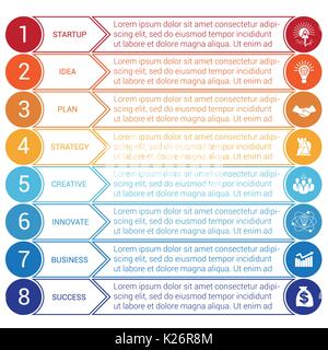 Startup bussines minimal infographic templates from circles and horizontal colorful arrows 8 positions Stock Vector