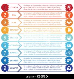 Startup bussines minimal infographic templates from circles and horizontal colorful arrows 9 positions Stock Vector