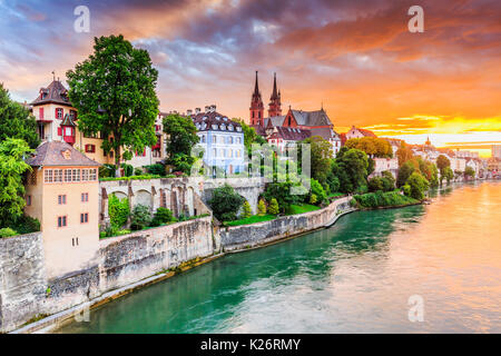 Basel, Switzerland. Old town with red stone Munster cathedral on the Rhine river. Stock Photo