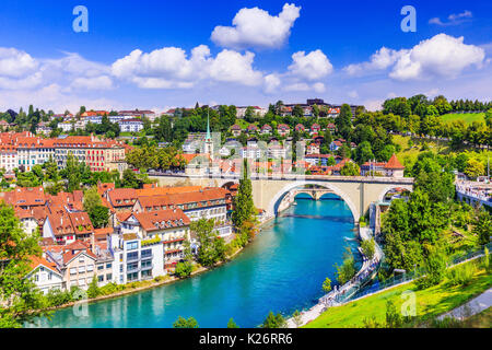 Bern, Switzerland. View of the old city center and Nydeggbrucke bridge over river Aare. Stock Photo
