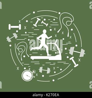 Vector illustration of the man jogging on a treadmill and different kinds of sports equipment arranged in a circle. Including icons of skipping rope,  Stock Vector