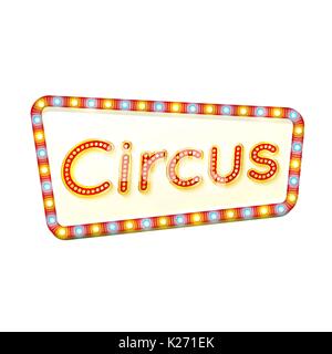 Circus retro light frame. Advertising glowing sign. Red street signboard with yellow and blue marquee lights. Colorful vector illustration. Stock Vector
