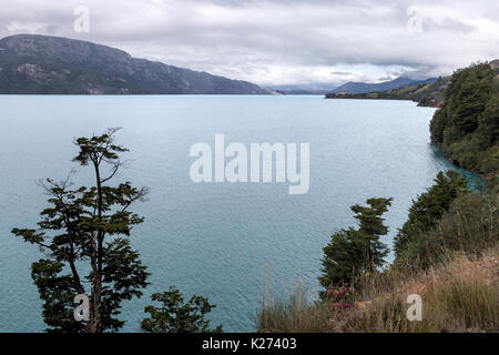 Lago General Carrera (General Carrera Lake) Balmaceda to Puerto Rio Tranquilo route highway road 7 Patagonia Chile Stock Photo