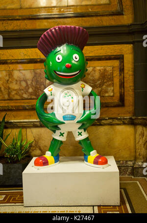 Clyde,a green fibreglass cartoon statue, official mascot of Commonwealth games 2014 in Glasgow, Scotland Stock Photo