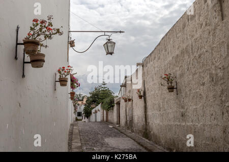 Alley with Chachani volcano Parroquia de Yanahuara Arequipa Peru Stock Photo