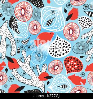 Abstract bright pattern with coral and fish on a blue background Stock Vector