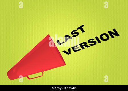 3D illustration of 'LAST VERSION' title flowing from a loudspeaker Stock Photo