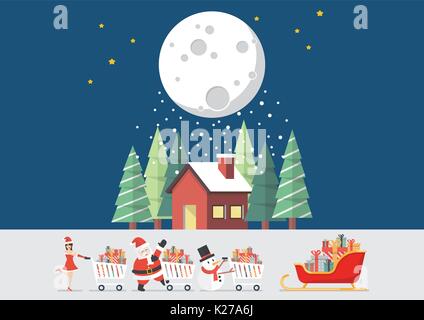 Santa claus Santa girl and Snowman push a shopping cart to sleigh with winter house. Vector illustration poster Stock Vector