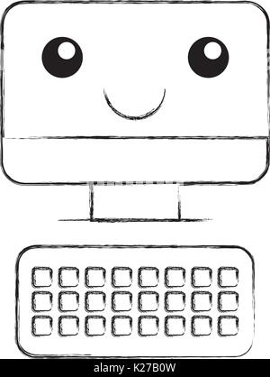 computer desktop with keyboard kawaii character Stock Vector