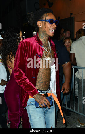 Wiz Khalifa and girlfriend Izabela Guedes leaving Warwick Night Club in Hollywood.  Featuring: Wiz Khalifa, Izabela Guedes Where: Hollywood, California, United States When: 27 Jul 2017 Credit: WENN.com Stock Photo